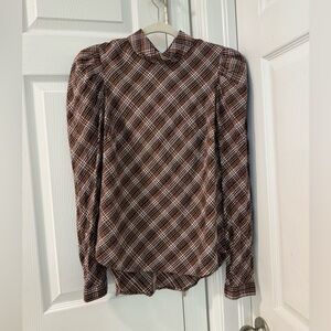Veronica Beard Isabel Plaid Top Brown/black Puff Sleeve Blouse Size 2